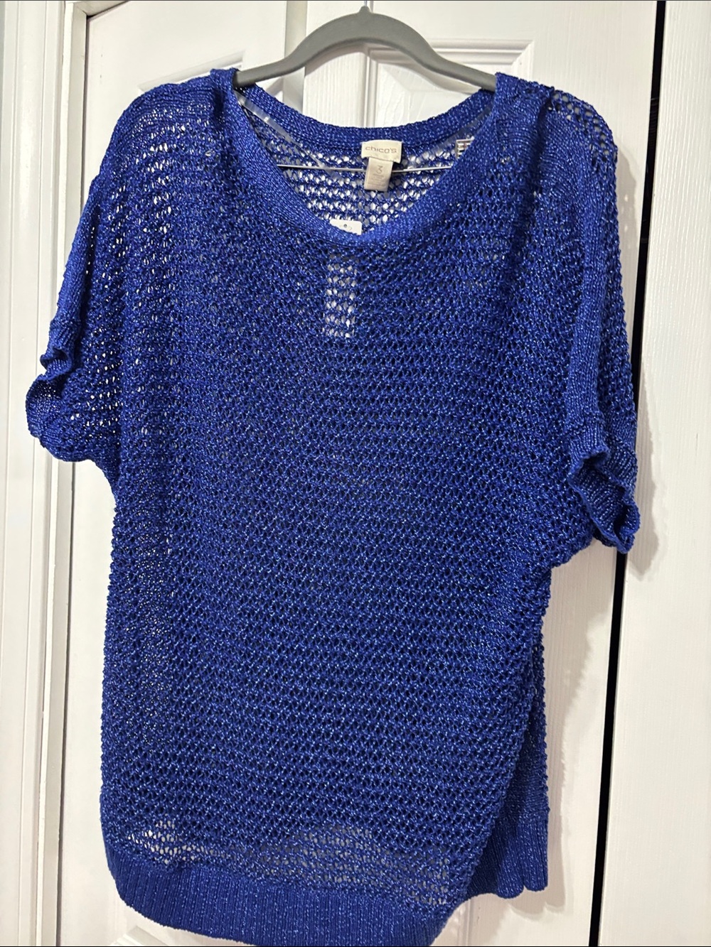 Chico's Royal Blue Open-Knit Short Sleeve Sweater size 3 NWT